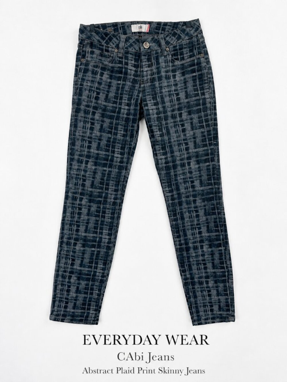 CAbi Jeans Y2K Abstract Plaid Print Skinny Jeans Size 2 Stretch Denim